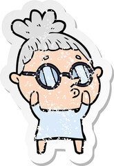 distressed sticker of a cartoon woman wearing glasses