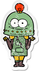 distressed sticker of a happy carton robot with light bulb