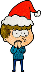 textured cartoon of a curious boy wearing santa hat