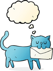 cartoon cat carrying letter with thought bubble