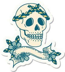 tattoo sticker with banner of a skull with laurel wreath crown