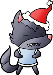 gradient cartoon of a wolf showing teeth wearing santa hat