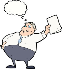 cartoon boss waving papers with thought bubble