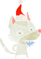 retro cartoon of a hungry wolf wearing santa hat