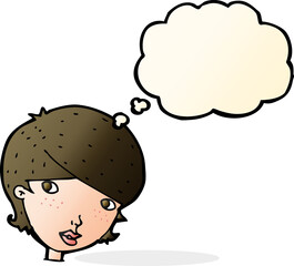 cartoon friendly woman with thought bubble