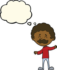 cartoon happy man with mustache with thought bubble