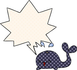 cartoon happy whale and speech bubble in comic book style