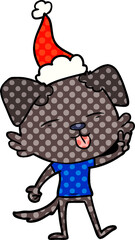 comic book style illustration of a dog sticking out tongue wearing santa hat