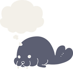 cute cartoon walrus and thought bubble in retro style