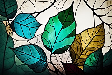 Abstract stained glass leaves background with green blue mosaic glass florals