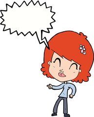 cartoon happy woman pointing with speech bubble