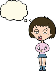 cartoon bored woman waiting with thought bubble