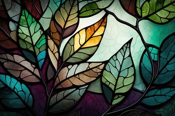 Abstract stained glass leaves background with green blue mosaic glass florals