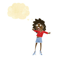 cartoon woman having trouble walking in heels with thought bubble