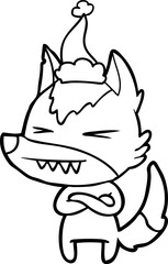 angry wolf line drawing of a wearing santa hat