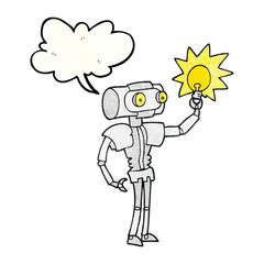 speech bubble textured cartoon robot with light bulb