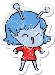 distressed sticker of a cartoon alien girl laughing