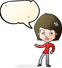 cartoon pretty woman pointing with speech bubble