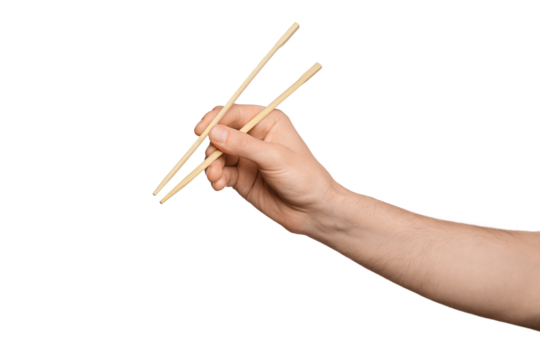 Bamboo sticks for sushi in male hand, isolate