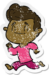 distressed sticker of a happy cartoon man exercising