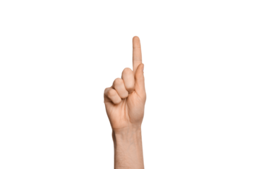 A man's hand points the direction with his finger. Points up. Index finger pressing something. Isolate on a white background.