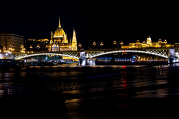 Fototapeta na wymiar The Buda Royal Palace, Parlament, Margaret Bridge and the Danube bank at night, Budapest, Hungary