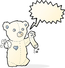 cartoon teddy polar bear with torn arm with speech bubble