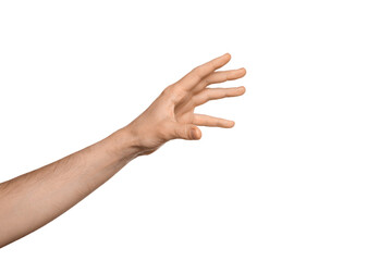 A man's hand reaches for something or holds something, fingers wide open. Isolate on a white background. - obrazy, fototapety, plakaty