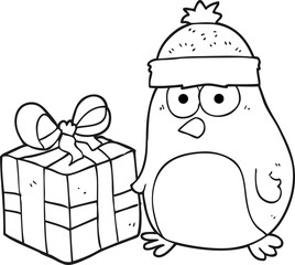 black and white cartoon christmas robin