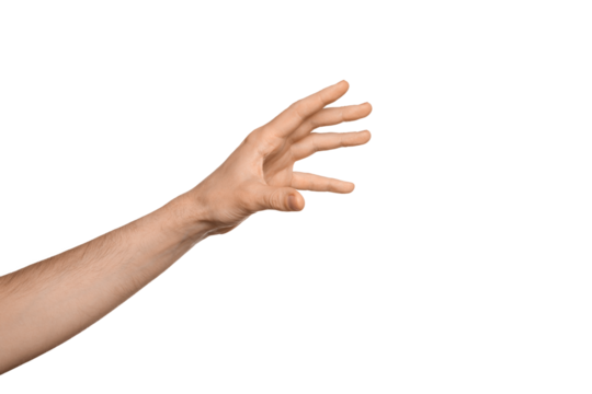 A man's hand reaches for something or holds something, fingers wide open. Isolate on a white background.