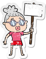 distressed sticker of a cartoon protester woman wearing spectacles