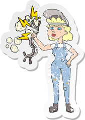 retro distressed sticker of a cartoon electrician woman