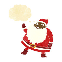 funny waving santa claus cartoon with thought bubble