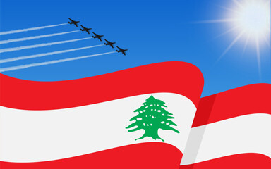 Flag of Lebanon and a fighter plane formation flying in the sky. 22th November Independence day Lebanon. Military aviation in the blue sky. Vector illustration