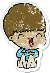 distressed sticker of a happy cartoon boy