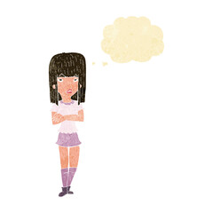 cartoon girl with crossed arms with thought bubble
