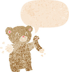 cartoon teddy bear with torn arm and speech bubble in retro textured style