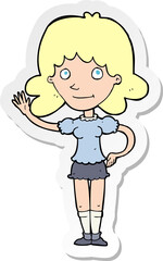 sticker of a cartoon woman waving