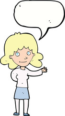 cartoon friendly woman with speech bubble