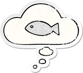 cartoon fish symbol and thought bubble as a distressed worn sticker