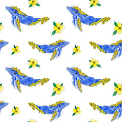 Obraz na płótnie Canvas Drawn watercolor seamless pattern from Sihini whales. Yellow flowers. Blue whale. Sea. Ocean. Undersea world. Fabric print. Kit in yellow colors. Home textiles.