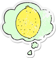 cartoon lemon and thought bubble as a distressed worn sticker