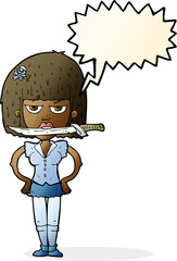 cartoon woman with knife between teeth with speech bubble