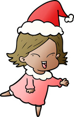 happy gradient cartoon of a girl wearing santa hat