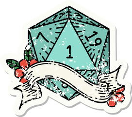 natural one d20 dice roll grunge sticker