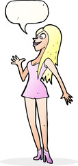 cartoon woman in pink dress with speech bubble