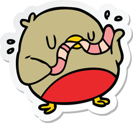 sticker of a cartoon robin with worm