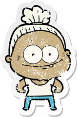 distressed sticker of a cartoon happy old woman