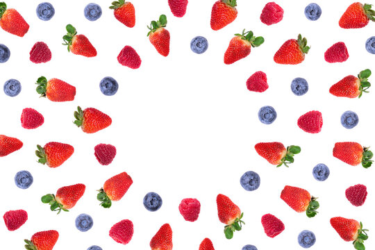 Strawberry, raspberry and blueberry on white background, top view. Berries pattern, flat lay. Frame made of strawberry, raspberry, bluberry on white. Creative food concept