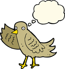 cartoon waving bird with thought bubble
